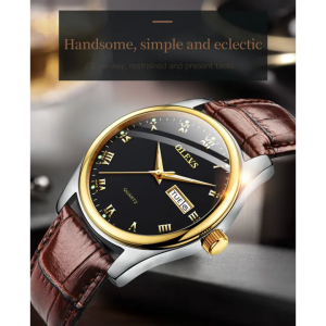 OLEVS 5568 Chocolate PU Leather Analog Wrist Watch For Couple - Black & Chocolate - Image 3