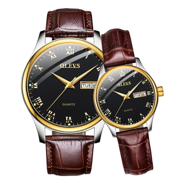 OLEVS 5568 Chocolate PU Leather Analog Wrist Watch For Couple - Black & Chocolate