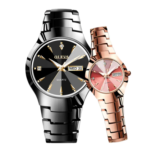 OLEVS 8697 Black And RoseGold Tungsten Steel Analog Wrist Watch For Couple - RoseGold & Black
