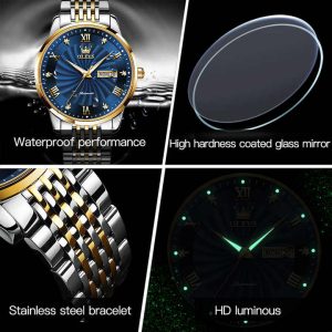 OLEVS 6630 Automatic Full Gold Mechanical Watch for Men Silver Gold Blue. - Image 4