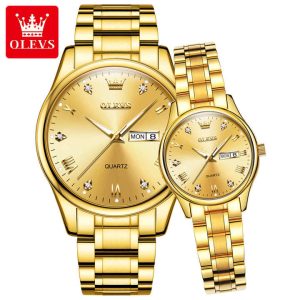 OLEVS 5563 Stainless Steel Analog Wrist Watch For Couple - Full Gold