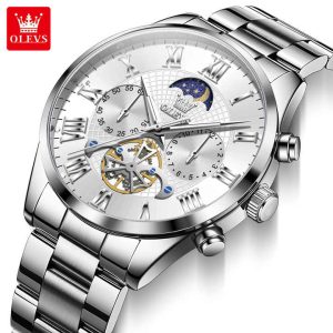 OLEVS 3640 Men's Watches TOP Brand Chronograph Moon Phase Roman Scale Stainless Steel Luminous Hands Waterproof Man Wristwatches - Image 6