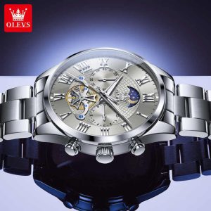 OLEVS 3640 Men's Watches TOP Brand Chronograph Moon Phase Roman Scale Stainless Steel Luminous Hands Waterproof Man Wristwatches - Image 4