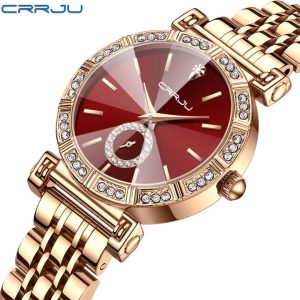 Crrju 5011 for Women Diamond Case Stainless Steel Wrist Watche Gold Red - Image 1