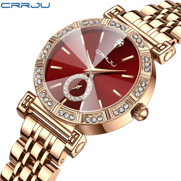 Crrju 5011 for Women Diamond Case Stainless Steel Wrist Watche Gold Red
