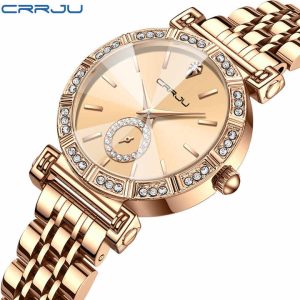 Crrju 5011 for Women Diamond Case Stainless Steel Wrist Watche Gold.