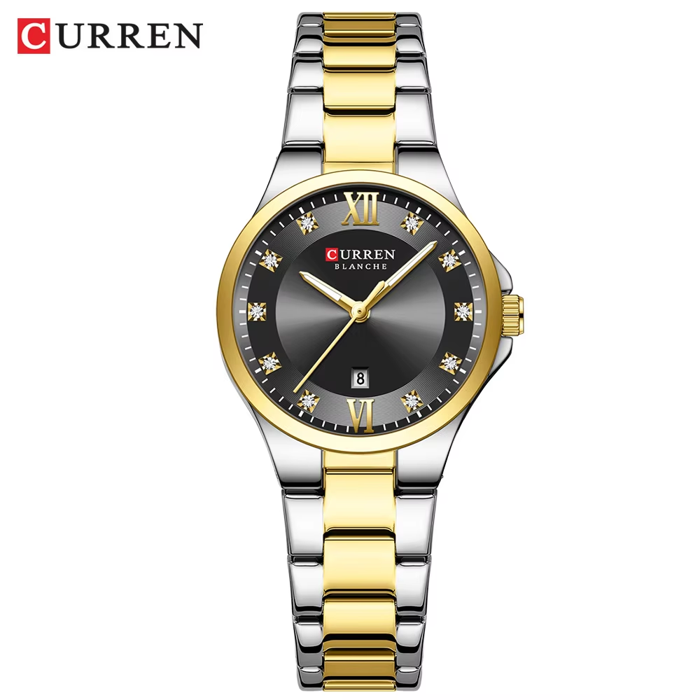 CURREN 9107 Women's Watch Calendar Stainless Steel Waterproof Luminous Clock Gold Black.