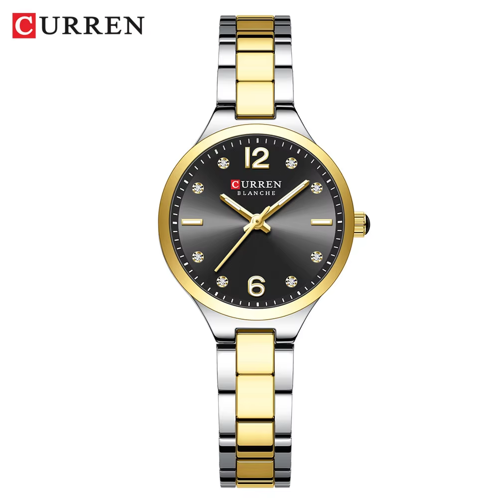 CURREN 9105 Casual Watches for Women Stainless Steel Gold Black.