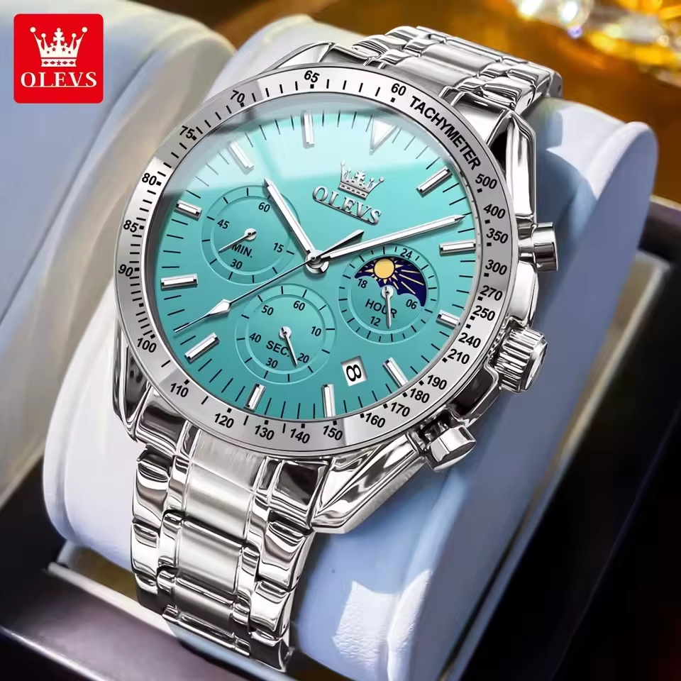 OLEVS 3618 Multifunctional Chronograph Watch Silver Aqua Blue. 