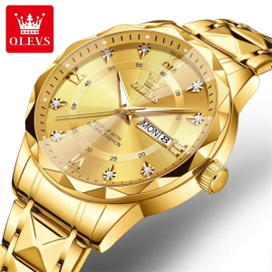 OLEVS 5609 Mens Watches Rhombus Design Stainless Steel Waterproof Full Gold.
