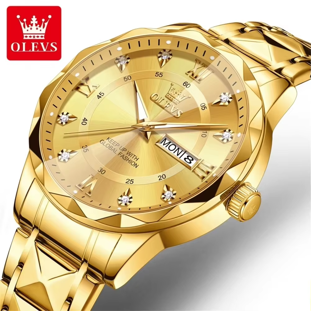 OLEVS 5609 Mens Watches Rhombus Design Stainless Steel Waterproof Full Gold.