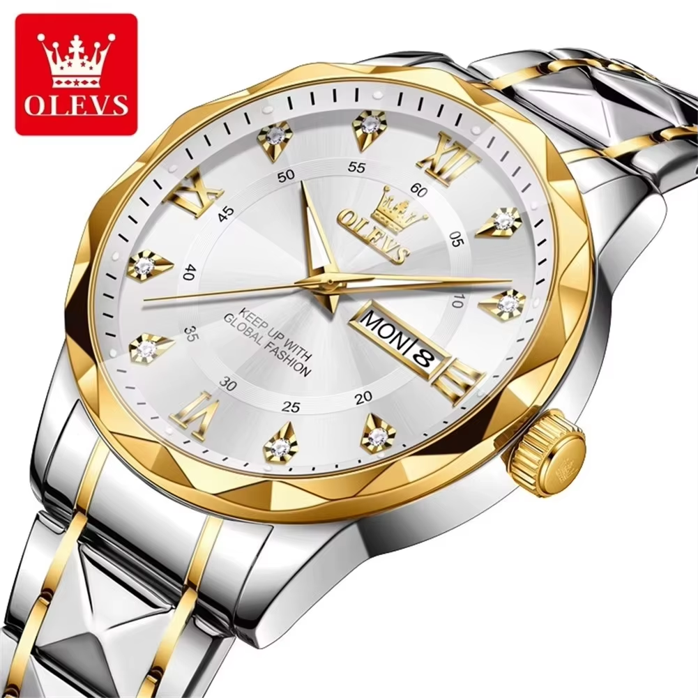 OLEVS 5609 Mens Watches Rhombus Design Stainless Steel Waterproof Silver Gold White.