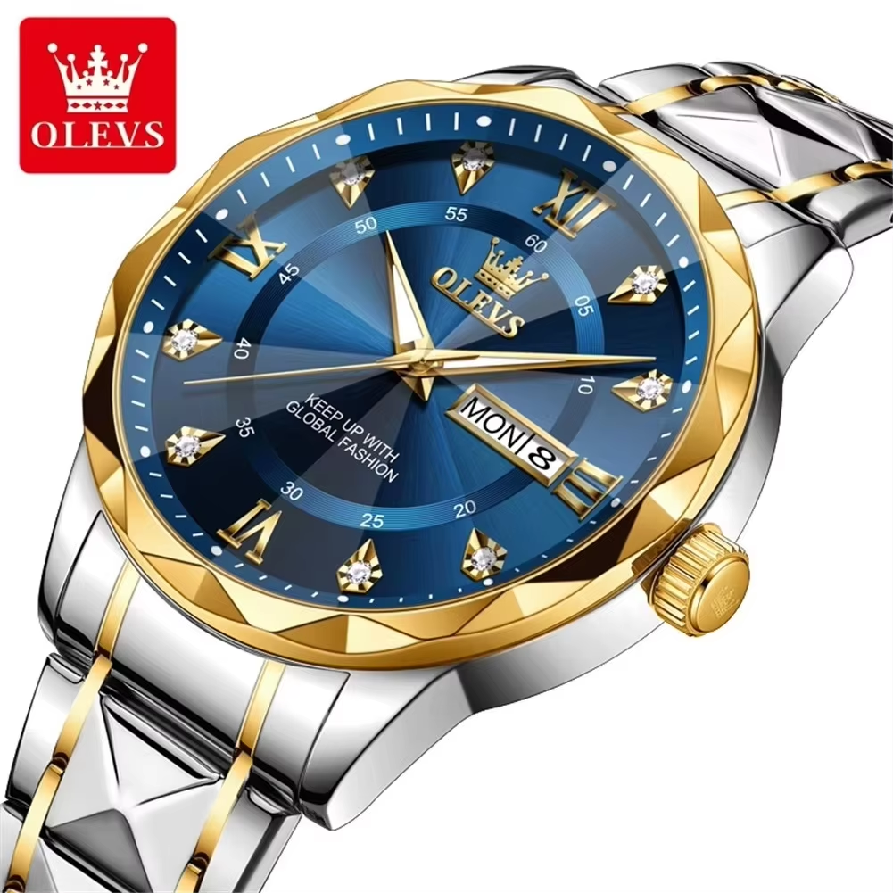 OLEVS 5609 Mens Watches Rhombus Design Stainless Steel Waterproof Silver Gold Blue.
