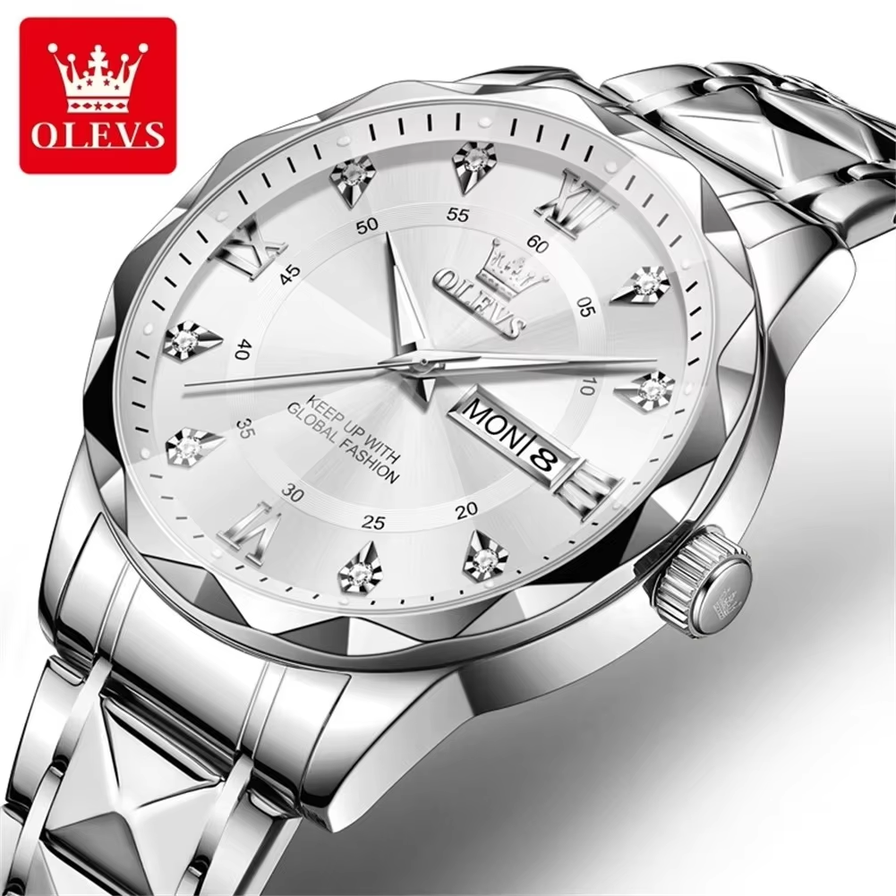 OLEVS 5609 Mens Watches Rhombus Design Stainless Steel Waterproof Silver White.