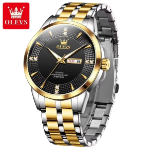 OLEVS 9917 Men's Watch Date Week Display Classic Simple Stainless Steel Waterproof Gold Black. - Image 1