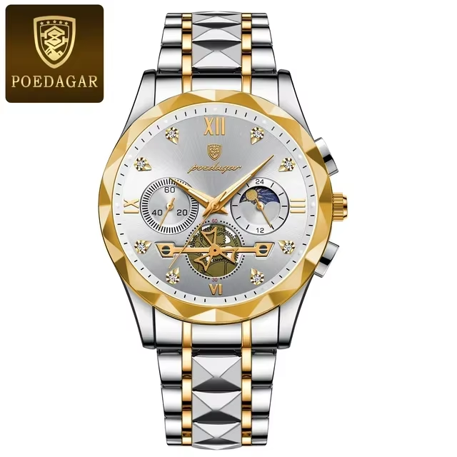 POEDAGAR 996 Original Chronograph Men's Wrist Watch Silver Gold White