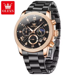 Olevs 3660 Original Quartz Diamond Moon Phase Men Chronograph Watch Black Rose - Image 1