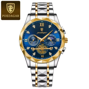 POEDAGAR 996 Original Chronograph Men's Wrist Watch Silver Gold Blue.