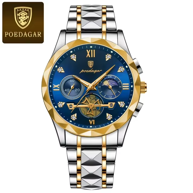 POEDAGAR 996 Original Chronograph Men's Wrist Watch Silver Gold Blue.