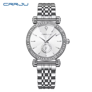Crrju 5011 for Women Diamond Case Stainless Steel Wrist Watche Silver White. - Image 1
