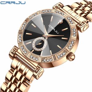 Crrju 5011 for Women Diamond Case Stainless Steel Wrist Watche Gold Black.