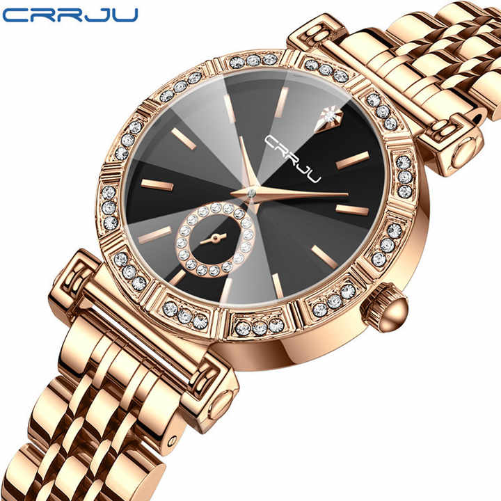 Crrju 5011 for Women Diamond Case Stainless Steel Wrist Watche Gold Black.