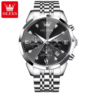 OLEVS 3670 Original Luxury Men's Waterproof Wristwatch Silver Black. - Image 1