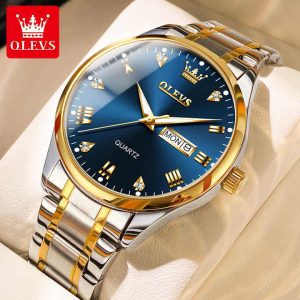 OLEVS 5563 -Stainless Steel Analog Wrist Watch For Male - Silver Gold Blue - Image 2