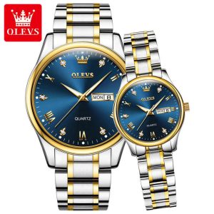 OLEVS 5563 Stainless Steel Analog Wrist Watch For Couple - Silver Gold Blue - Image 1