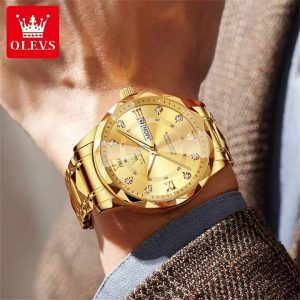 OLEVS 5609 Mens Watches Rhombus Design Stainless Steel Waterproof Full Gold. - Image 2