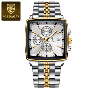POEDAGAR 866 Square Luxury Quartz Watch Silver Gold White