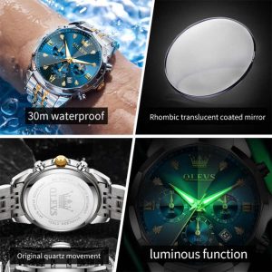 OLEVS 3670 Original Luxury Men's Waterproof Wristwatch Silver Gold Blue. - Image 3