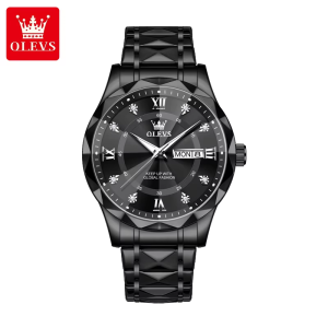 OLEVS 5609 Mens Watches Rhombus Design Stainless Steel Waterproof Full Black. - Image 3