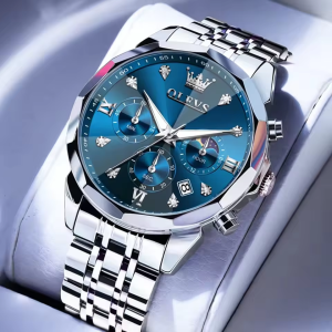 OLEVS 3670 Original Luxury Men's Waterproof Wristwatch Silver Blue. - Image 2