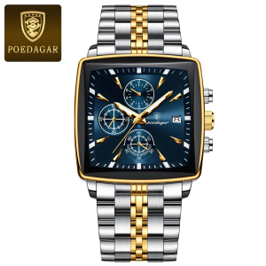 POEDAGAR 866 Square Luxury Quartz Watch Silver Gold Blue. - Image 1