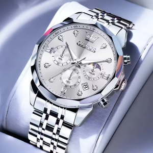 OLEVS 3670 Original Luxury Men's Waterproof Wristwatch Silver White. - Image 3