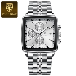 POEDAGAR 866 Square Luxury Quartz Watch Silver White.