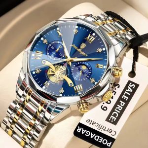 POEDAGAR 938 Chronograph Men Watch Silver Gold Blue.