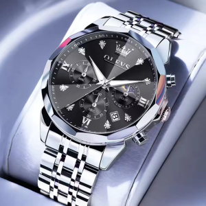 OLEVS 3670 Original Luxury Men's Waterproof Wristwatch Silver Black. - Image 2