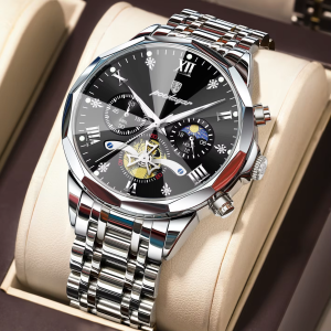 POEDAGAR 996 Original Chronograph Men's Wrist Watch Silver Black. - Image 2