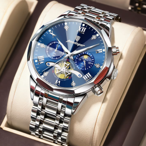 POEDAGAR 996 Original Chronograph Men's Wrist Watch Silver Blue. - Image 2