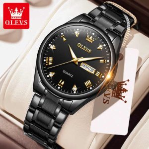 OLEVS 5563 Stainless Steel Analog Wrist Watch For Couple - Full Black - Image 2