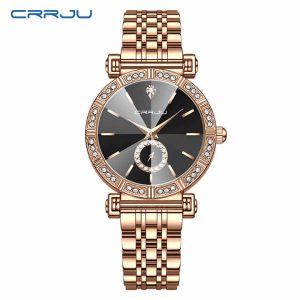 Crrju 5011 for Women Diamond Case Stainless Steel Wrist Watche Gold Black. - Image 2