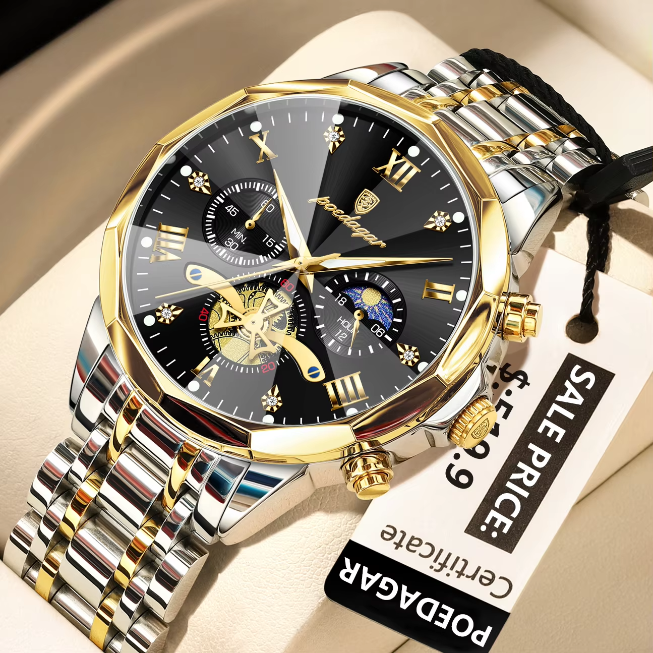 POEDAGAR 938 Male Luminous Waterproof  Hands Wristwatches Silver Gold Black.