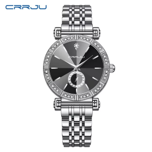 Crrju 5011 for Women Diamond Case Stainless Steel Wrist Watche Silver Black.
