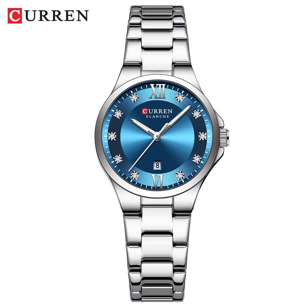 CURREN 9107 Women's Watch Calendar Stainless Steel Waterproof Luminous Clock Silver Blue.