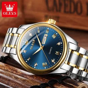 OLEVS 5563 -Stainless Steel Analog Wrist Watch For Male - Silver Gold Blue - Image 4
