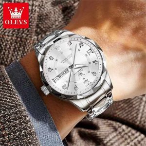 OLEVS 5609 Mens Watches Rhombus Design Stainless Steel Waterproof Silver White. - Image 2