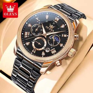 Olevs 3660 Original Quartz Diamond Moon Phase Men Chronograph Watch Black Rose - Image 3