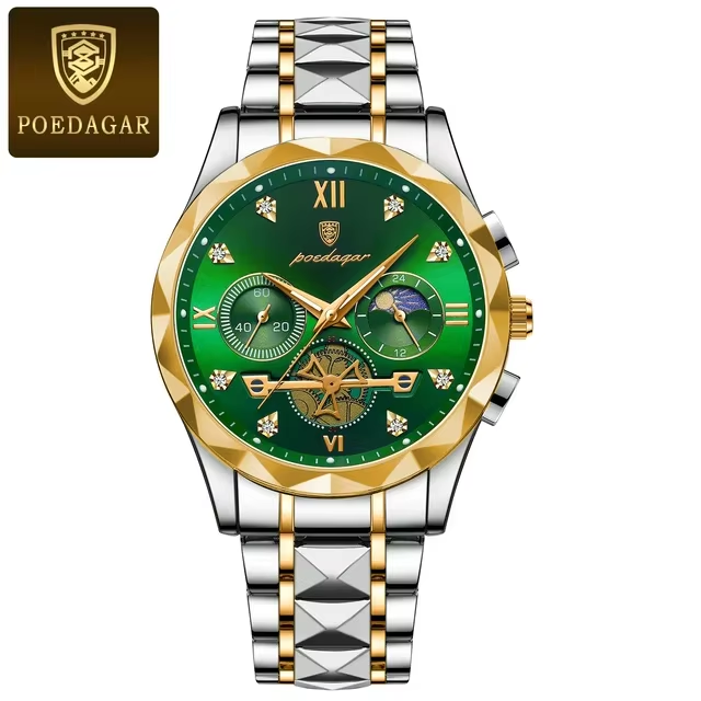 POEDAGAR 996 Original Chronograph Men's Wrist Watch Silver Gold Green.